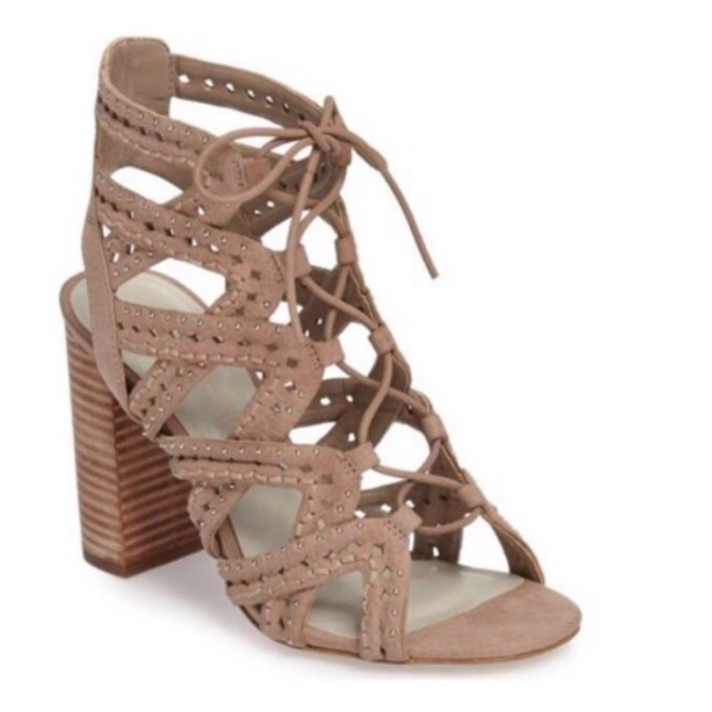 1. State Kayley Stone Caged Studded Lace Up Block Heel - Nude Suede